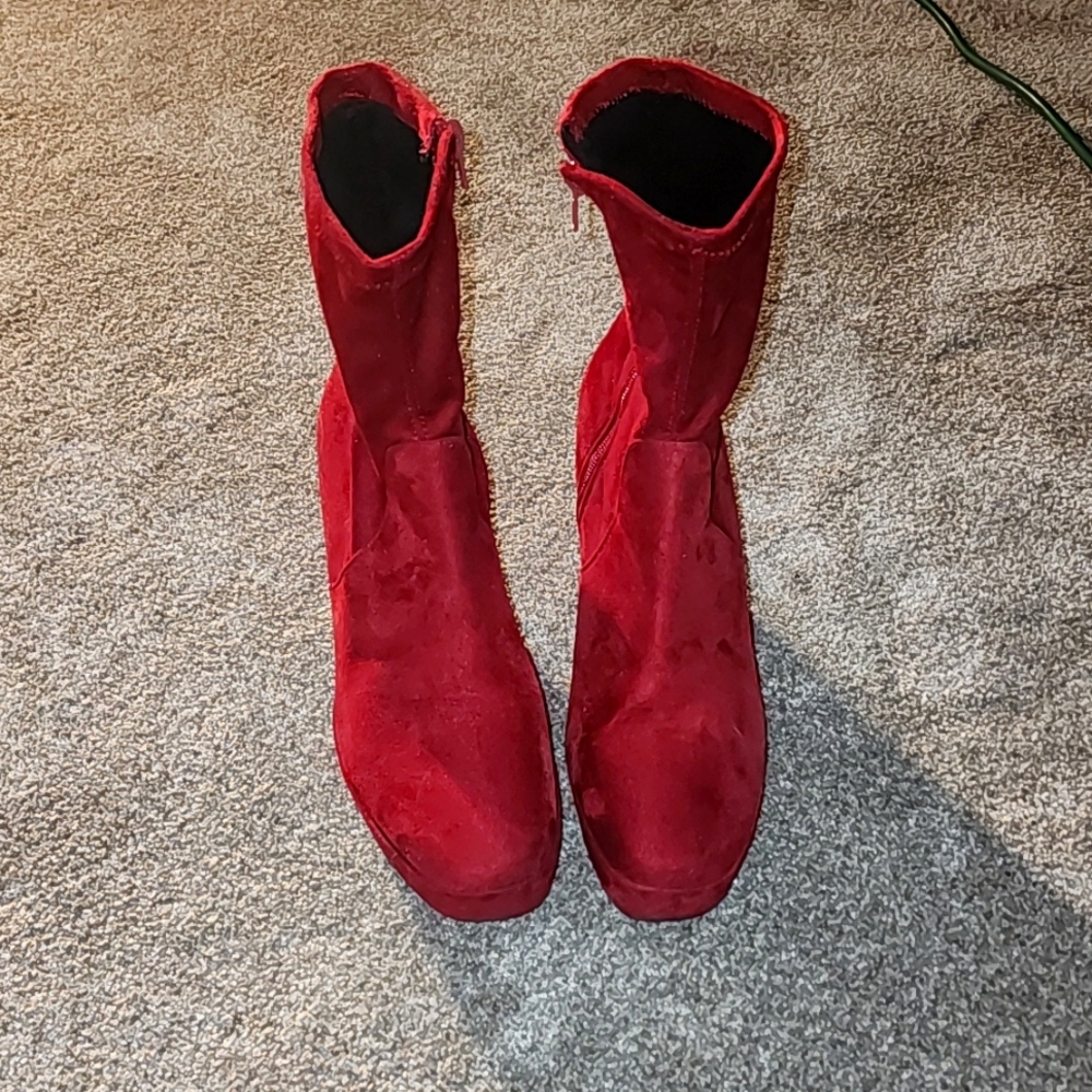 Zip up suede mid calf boots